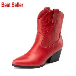 Women's Cowboy Boots Embroidered Low Heel Ankle Booties Pointed Toe Western